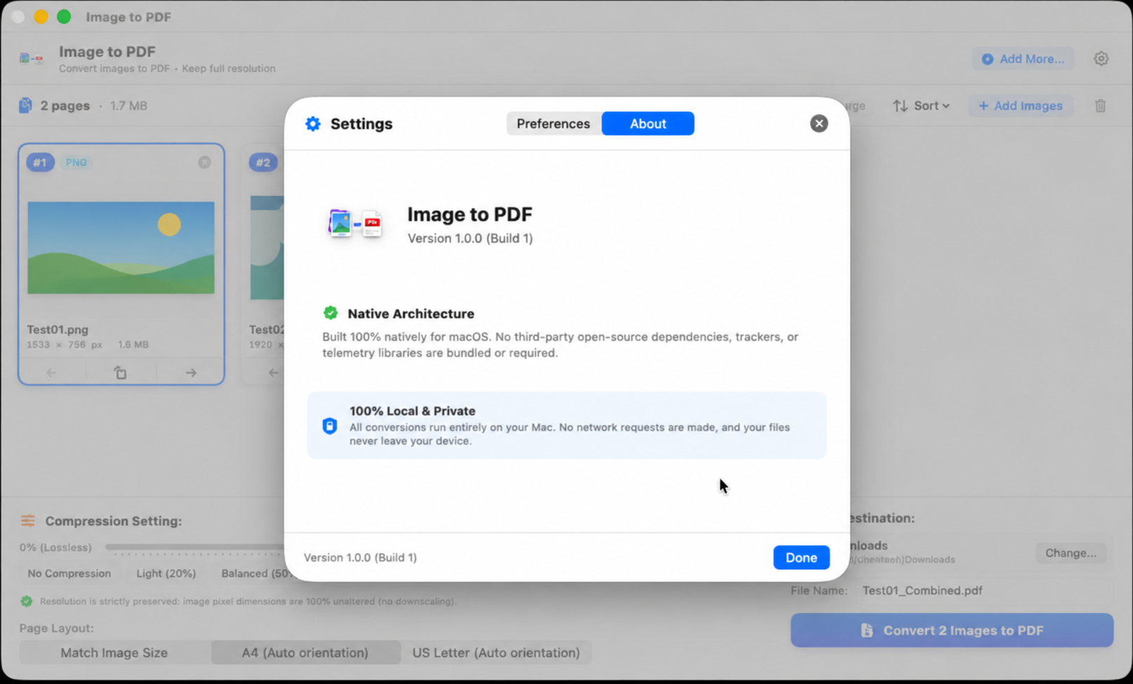 The app’s About screen explains that conversion is local and files never leave your device