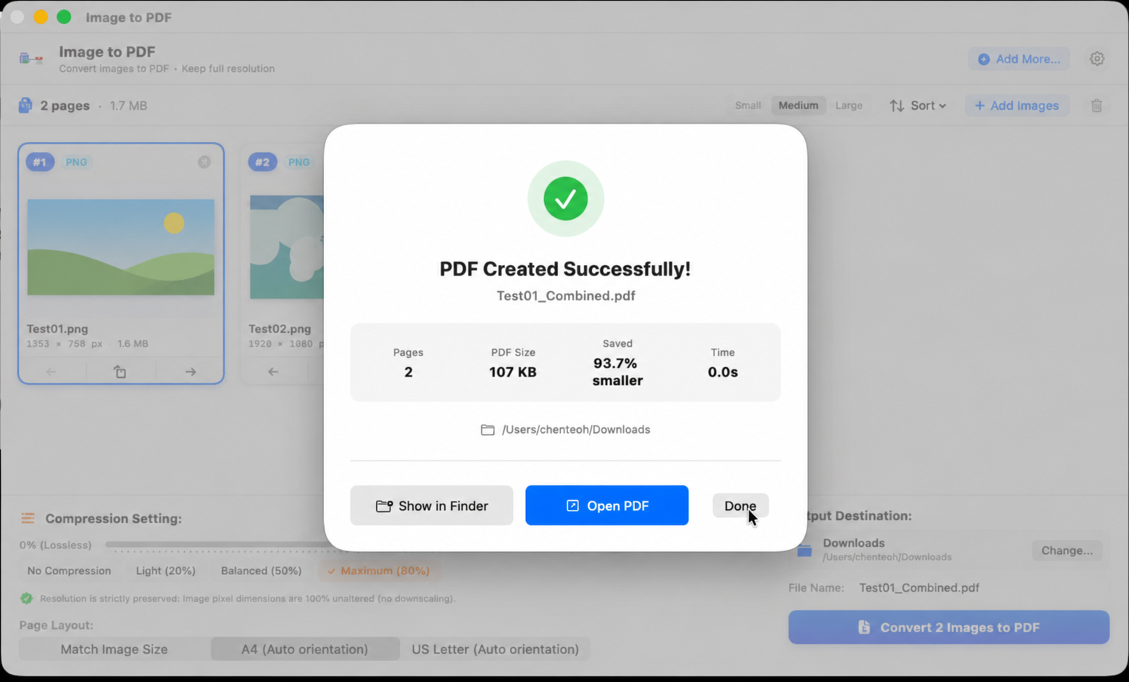 Recorded result: PDF created successfully, two pages, 107 KB, 93.7% smaller
